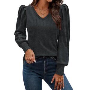 Womens Puff Sleeve Knit Blouse V Neck Long Sleeve Tunic Lightweight Casual Top